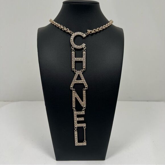 CHANEL Jewelry - Crystal CHANEL Logo Runway Drop Necklace